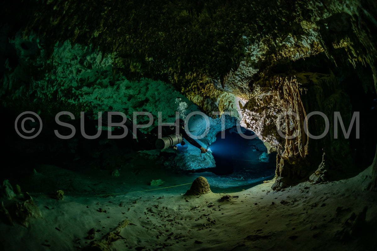 Photo de instructeur de plongée spéléo dirigeant un groupe de plongeurs dans un cenote mexicain sous l'eau