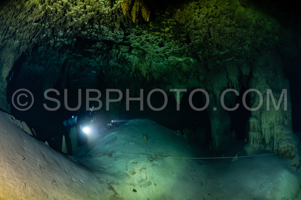cave diver instructor leading a group of divers in a mexican cenote underwater
