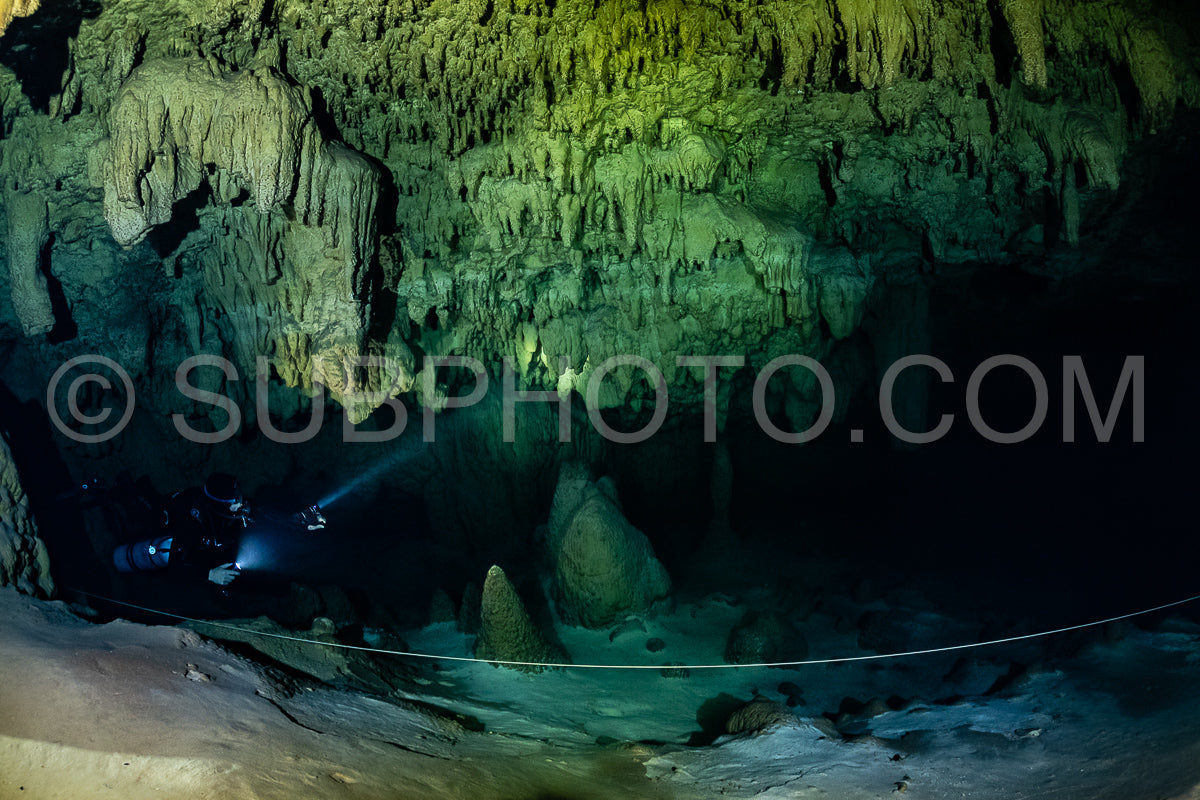 Photo de instructeur de plongée spéléo dirigeant un groupe de plongeurs dans un cenote mexicain sous l'eau