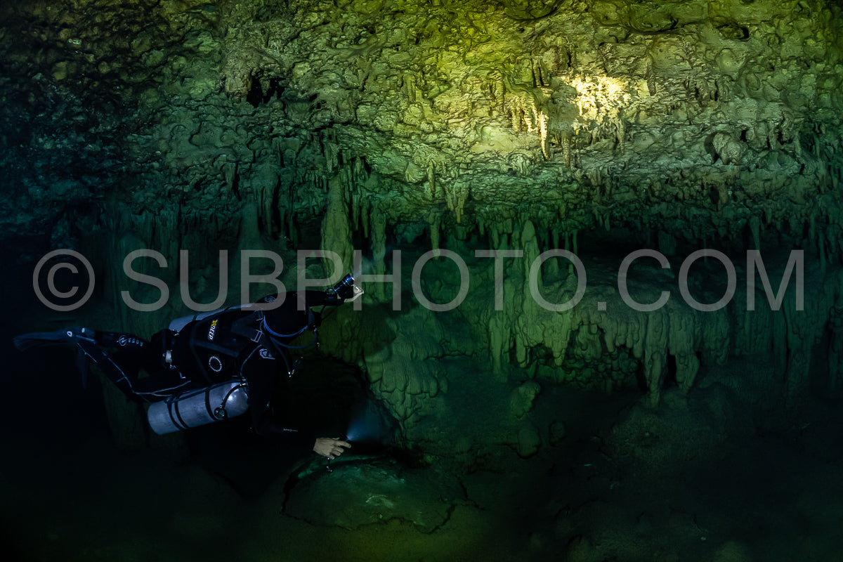 cave diver instructor leading a group of divers in a mexican cenote underwater
