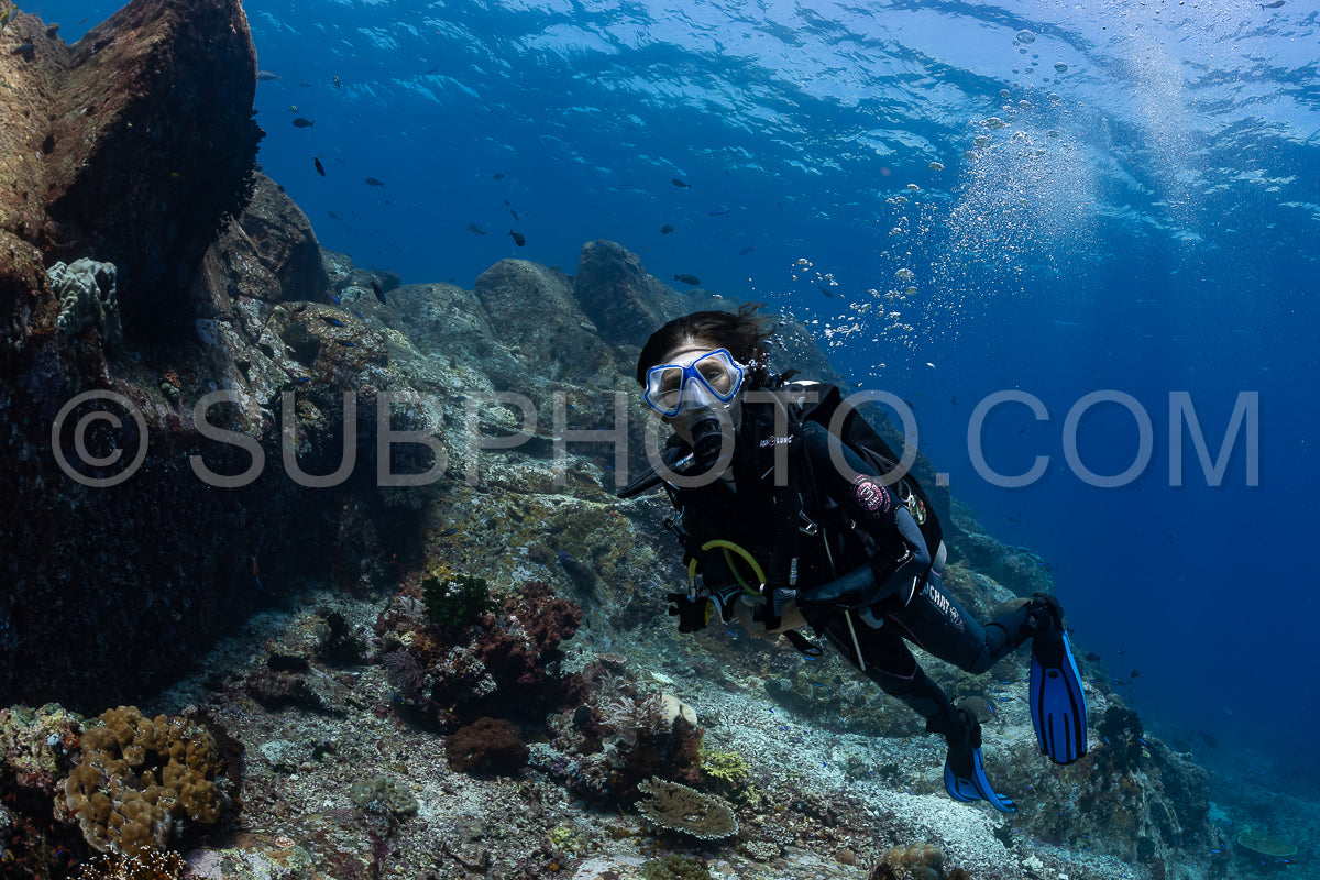 woman diver discovering the beauty of the Komodo National Park caral reef in Indonesia