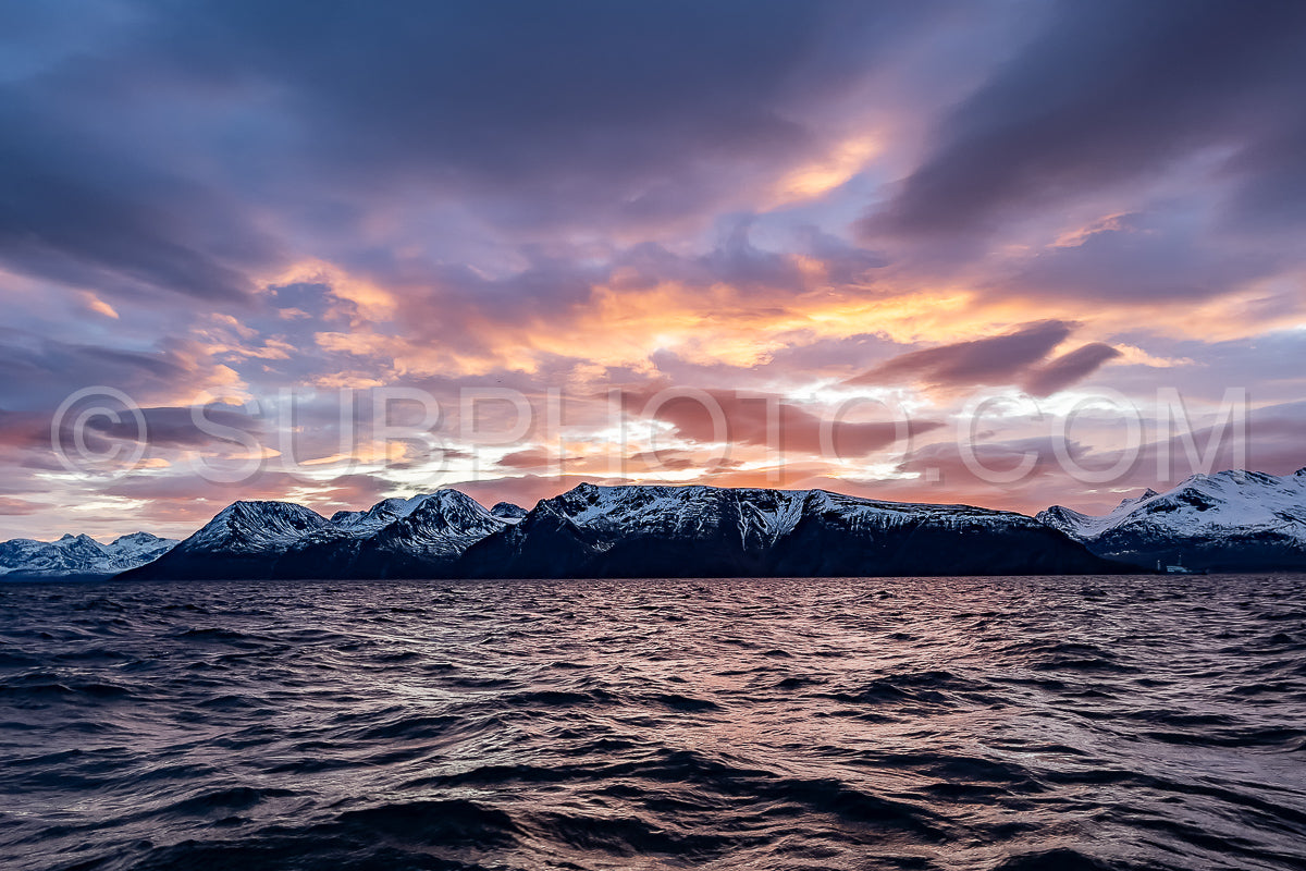 view of Kvænangen fjord from Seglvik village at dusk