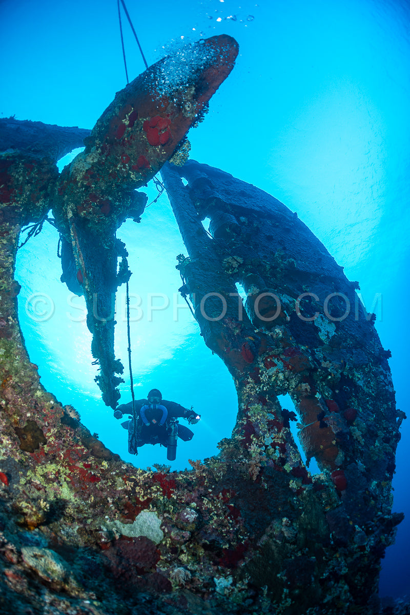 Tek diver with a rebreather visiting Levanzo wreck close to Sudan