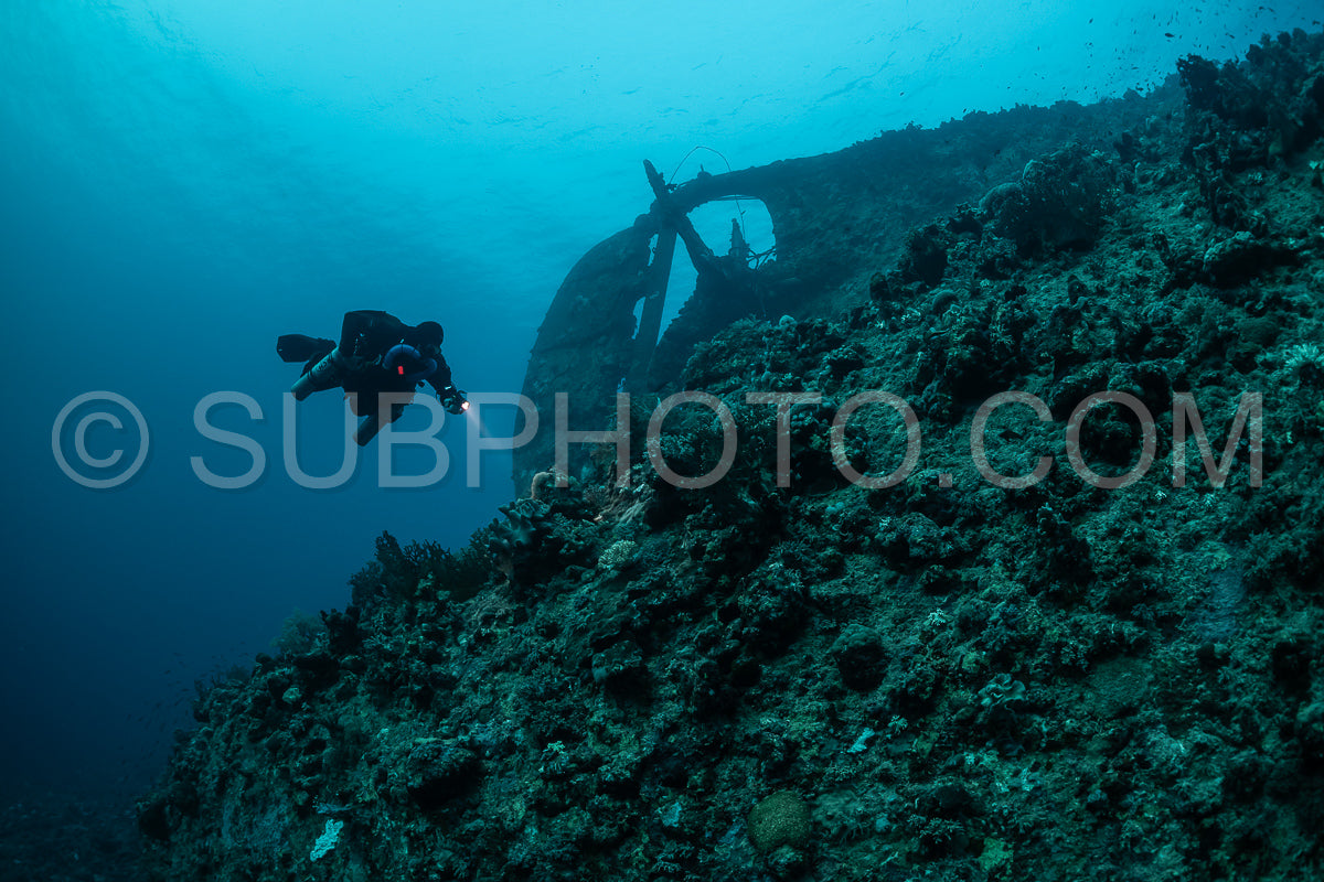 Tek diver with a rebreather visiting Levanzo wreck close to Sudan