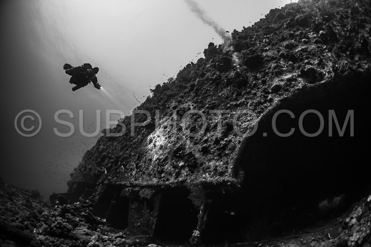 Tek diver with a rebreather visiting Levanzo wreck close to Sudan