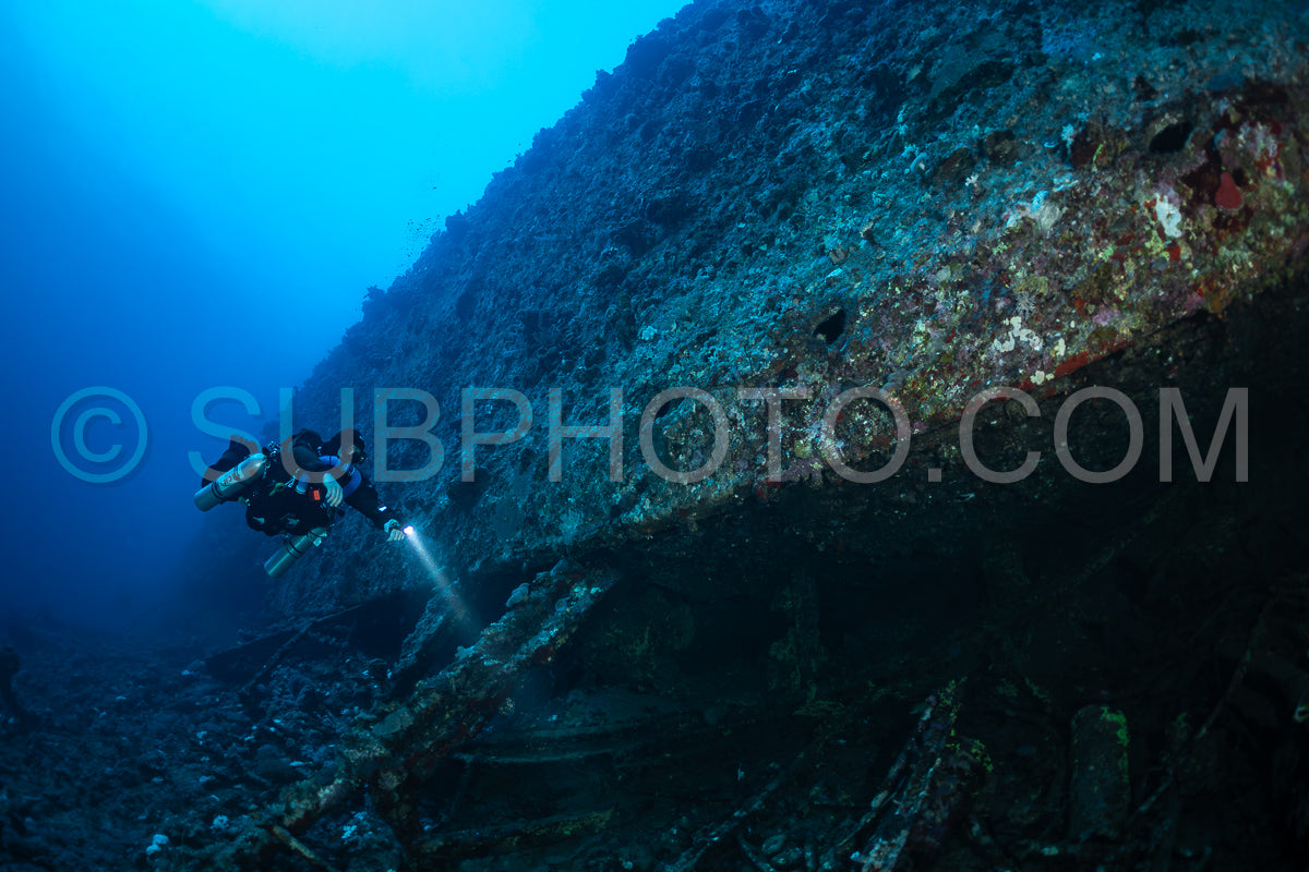 Tek diver with a rebreather visiting Levanzo wreck close to Sudan