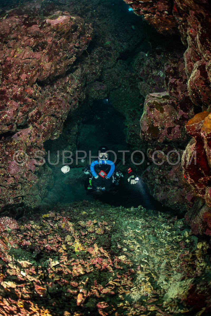 Tek diver using a rebreather discovering the majesty of coral structures in the Red Sea