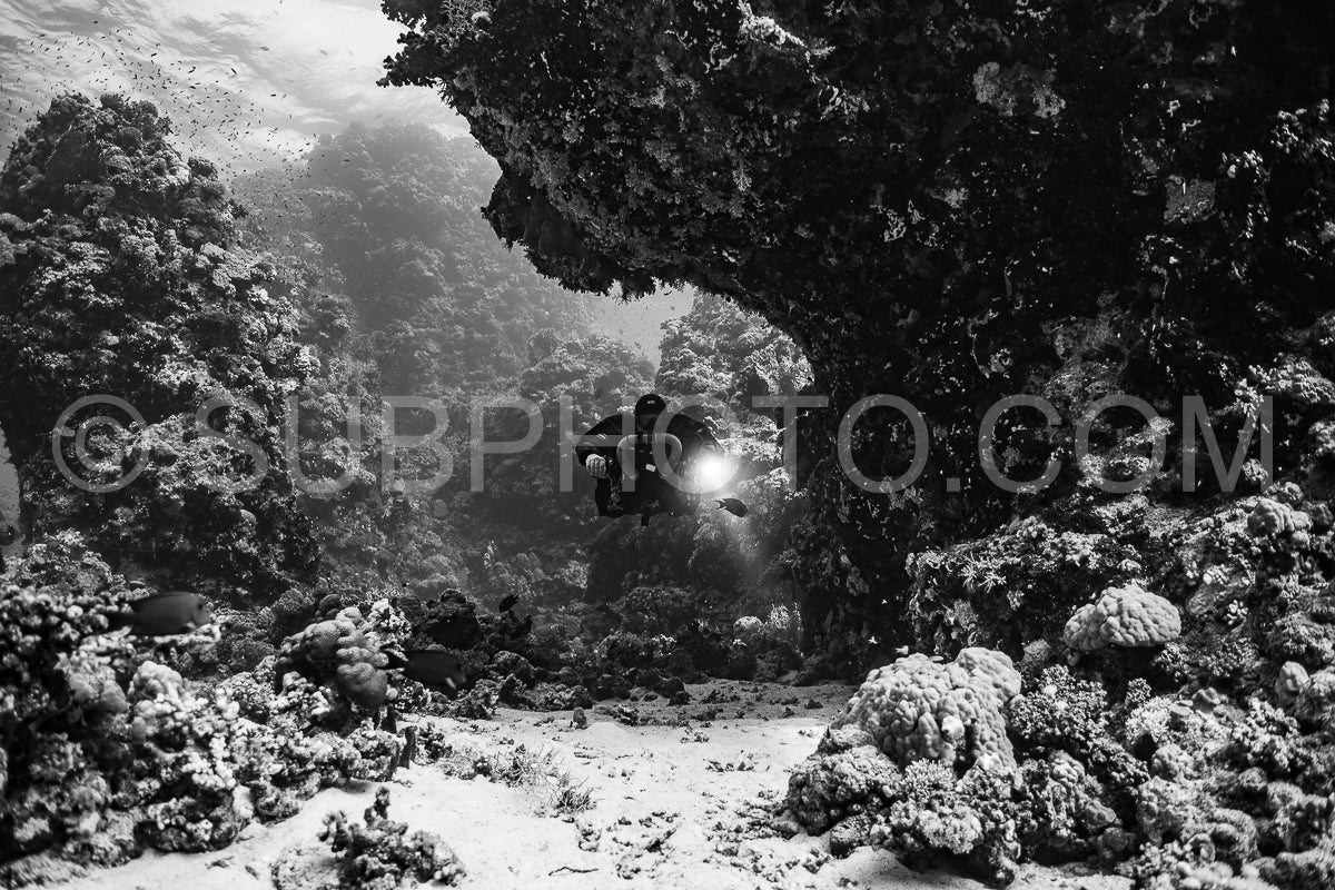 Tek diver using a rebreather discovering the majesty of coral structures in the Red Sea