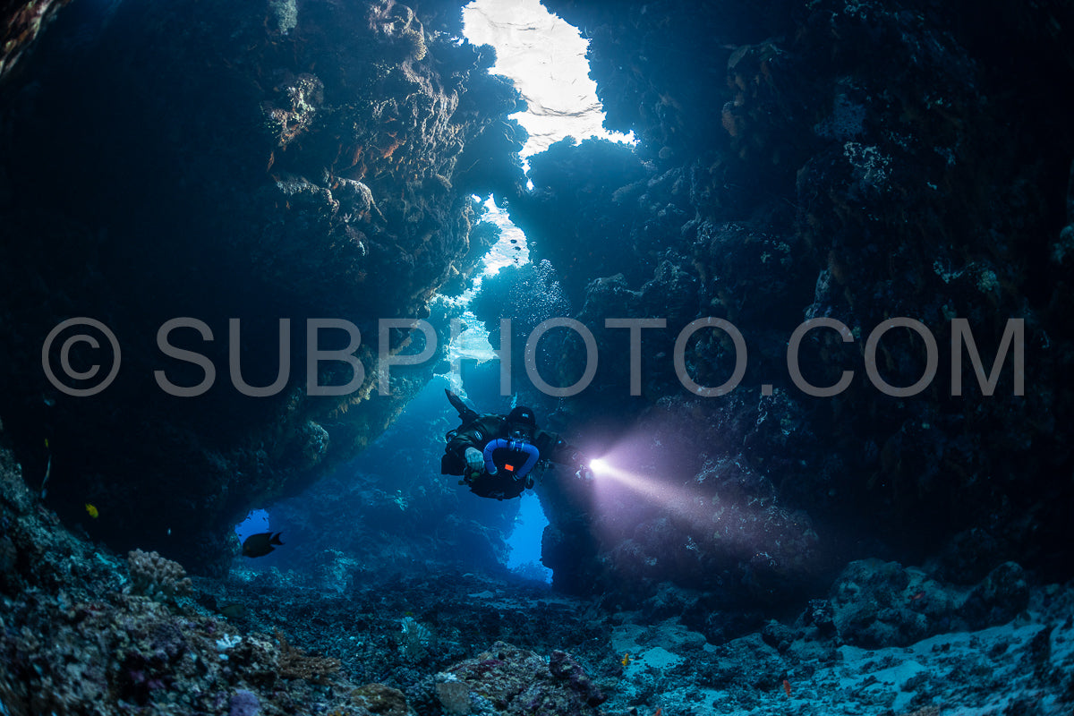 Tek diver with a rebreather visiting Saint John's cave Red Sea Egypt