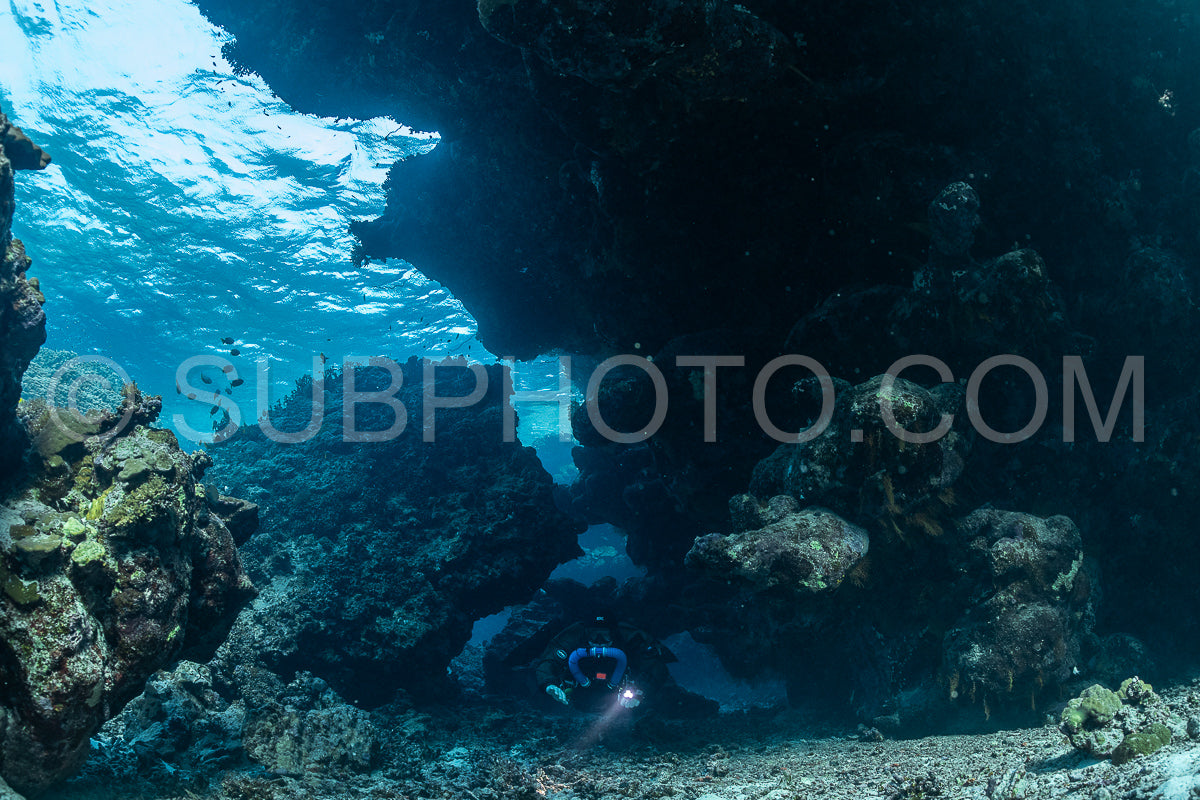 Tek diver with a rebreather visiting Saint John's cave Red Sea Egypt