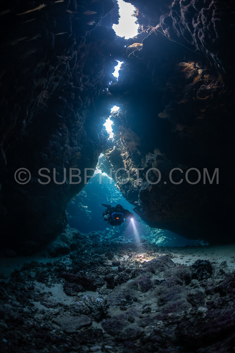 Tek diver with a rebreather visiting Saint John's cave Red Sea Egypt