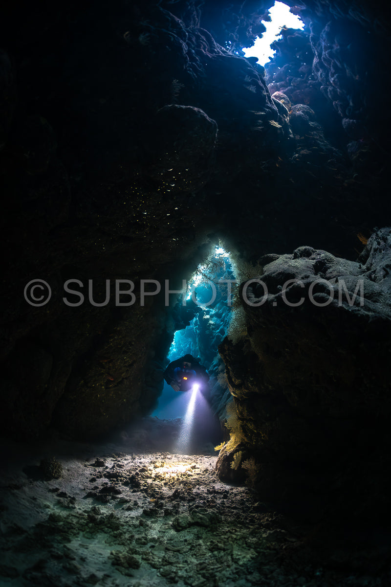 Tek diver with a rebreather visiting Saint John's cave Red Sea Egypt