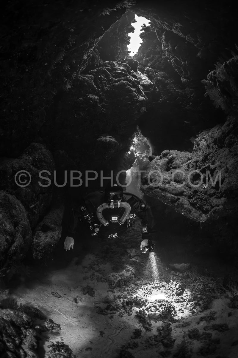 Tek diver with a rebreather visiting Saint John's cave Red Sea Egypt