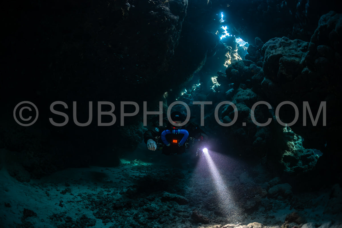 Tek diver with a rebreather visiting Saint John's cave Red Sea Egypt