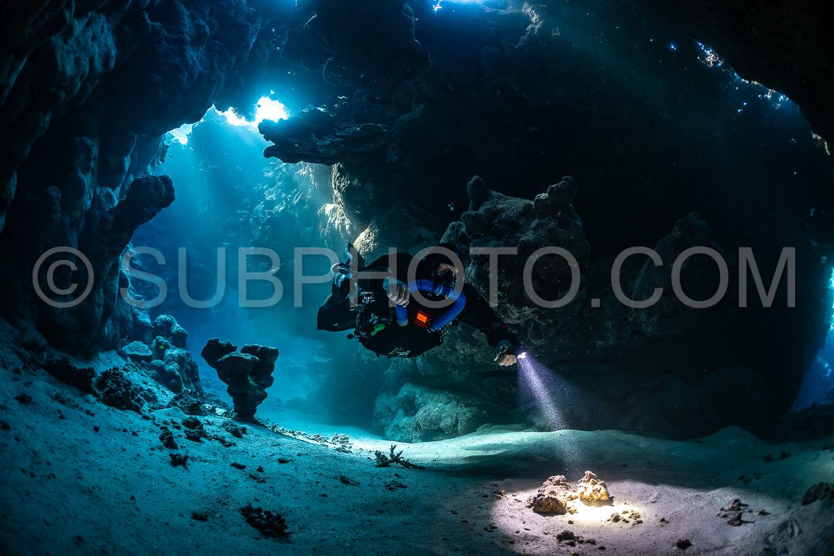 Tek diver with a rebreather visiting Saint John's cave Red Sea Egypt