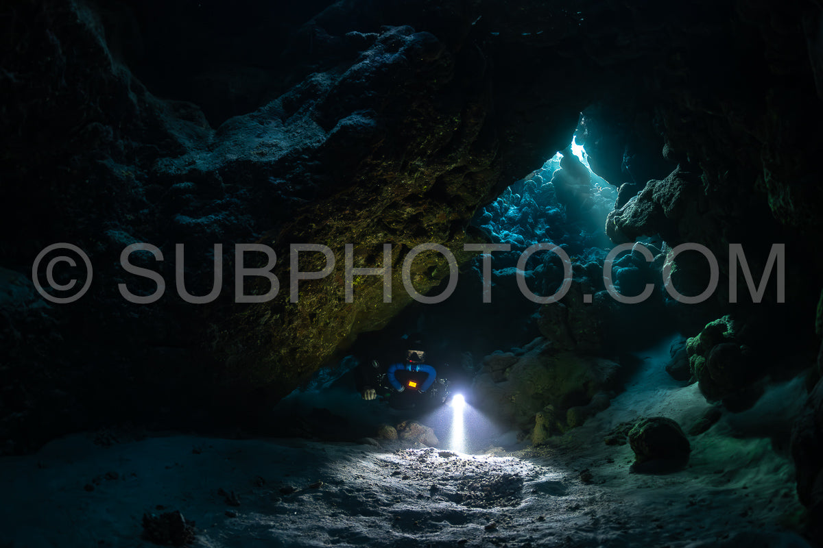Tek diver with a rebreather visiting Saint John's cave Red Sea Egypt
