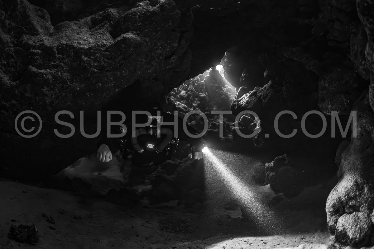 Tek diver with a rebreather visiting Saint John's cave Red Sea Egypt