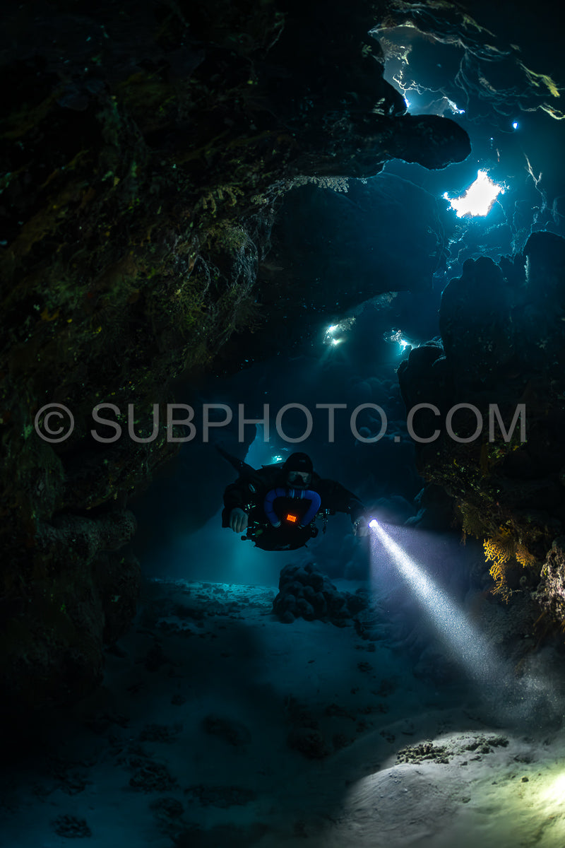 Tek diver with a rebreather visiting Saint John's cave Red Sea Egypt
