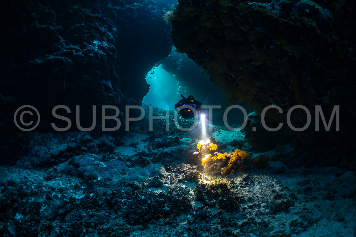 Tek diver with a rebreather visiting Saint John's cave Red Sea Egypt