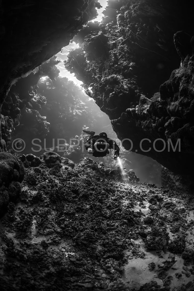 Tek diver with a rebreather visiting Saint John's cave Red Sea Egypt