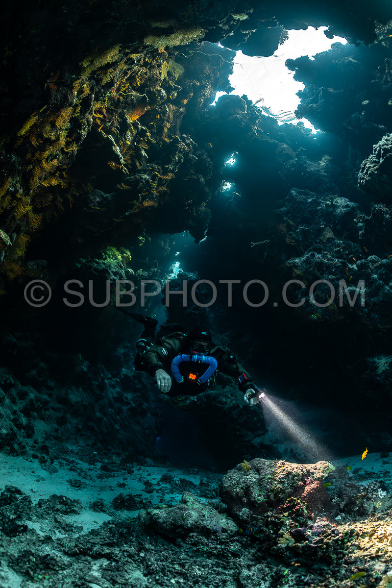 Tek diver with a rebreather visiting Saint John's cave Red Sea Egypt