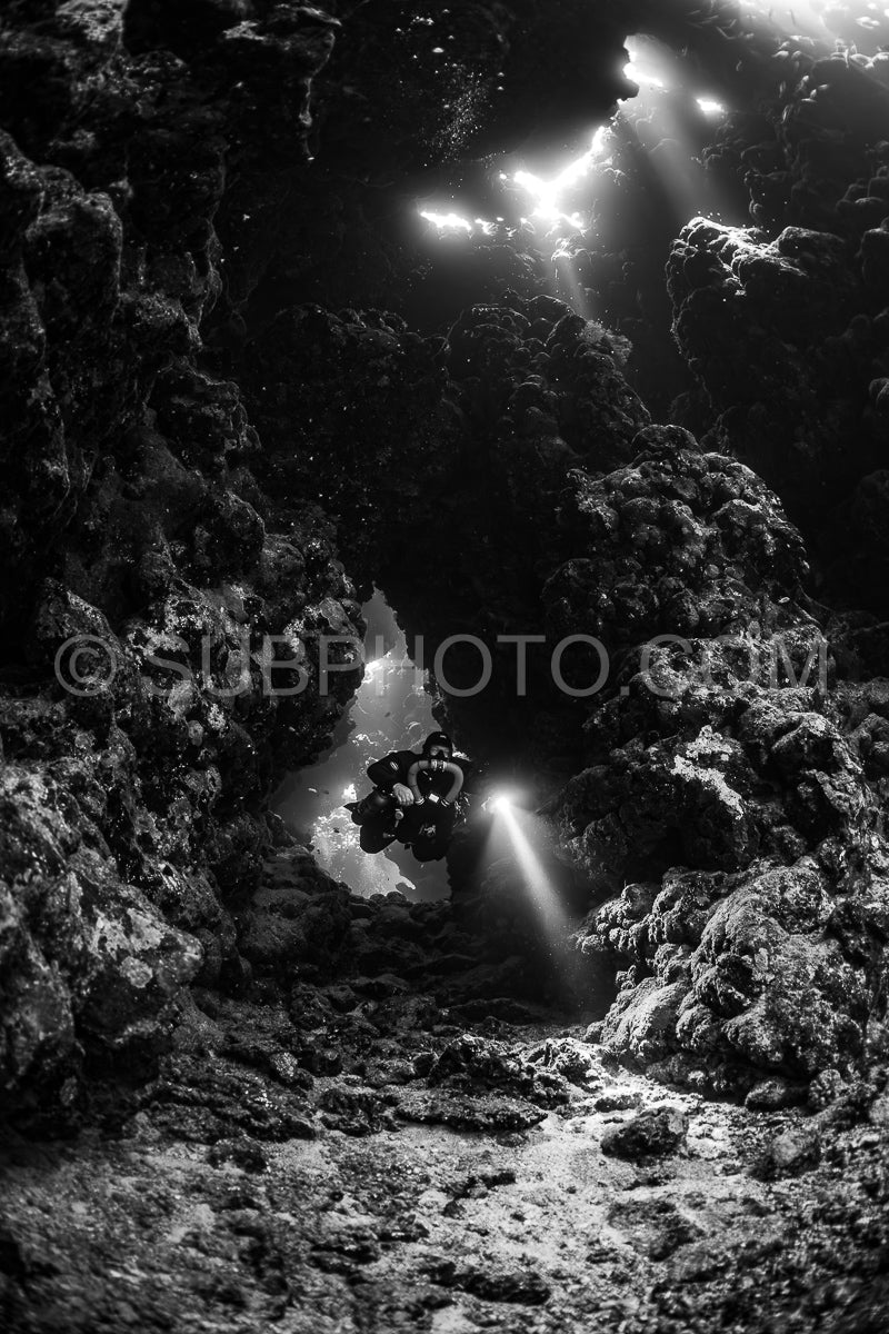Tek diver with a rebreather visiting Sha'ab Claudio cave Red Sea Egypt