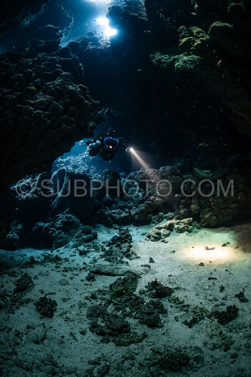 Tek diver with a rebreather visiting Sha'ab Claudio cave Red Sea Egypt