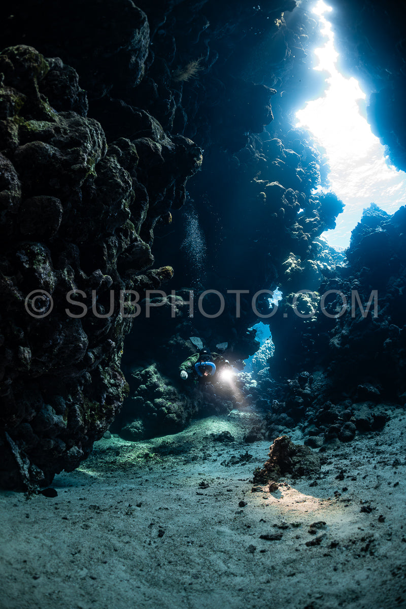 Tek diver with a rebreather visiting Sha'ab Claudio cave Red Sea Egypt