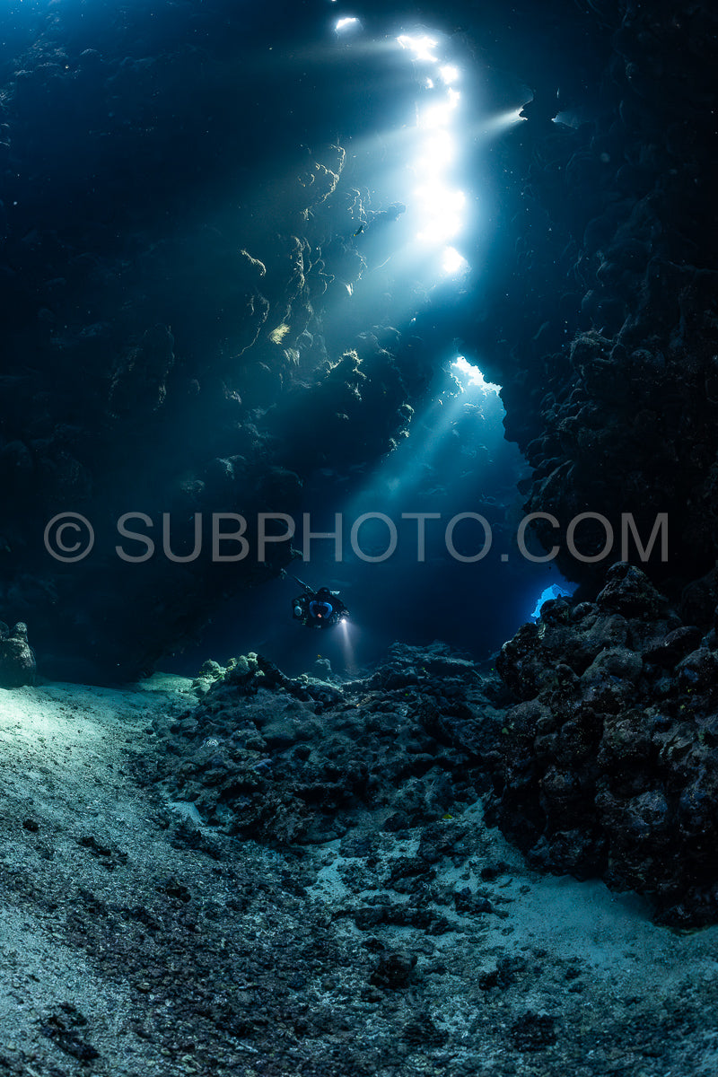 Tek diver with a rebreather visiting Sha'ab Claudio cave Red Sea Egypt
