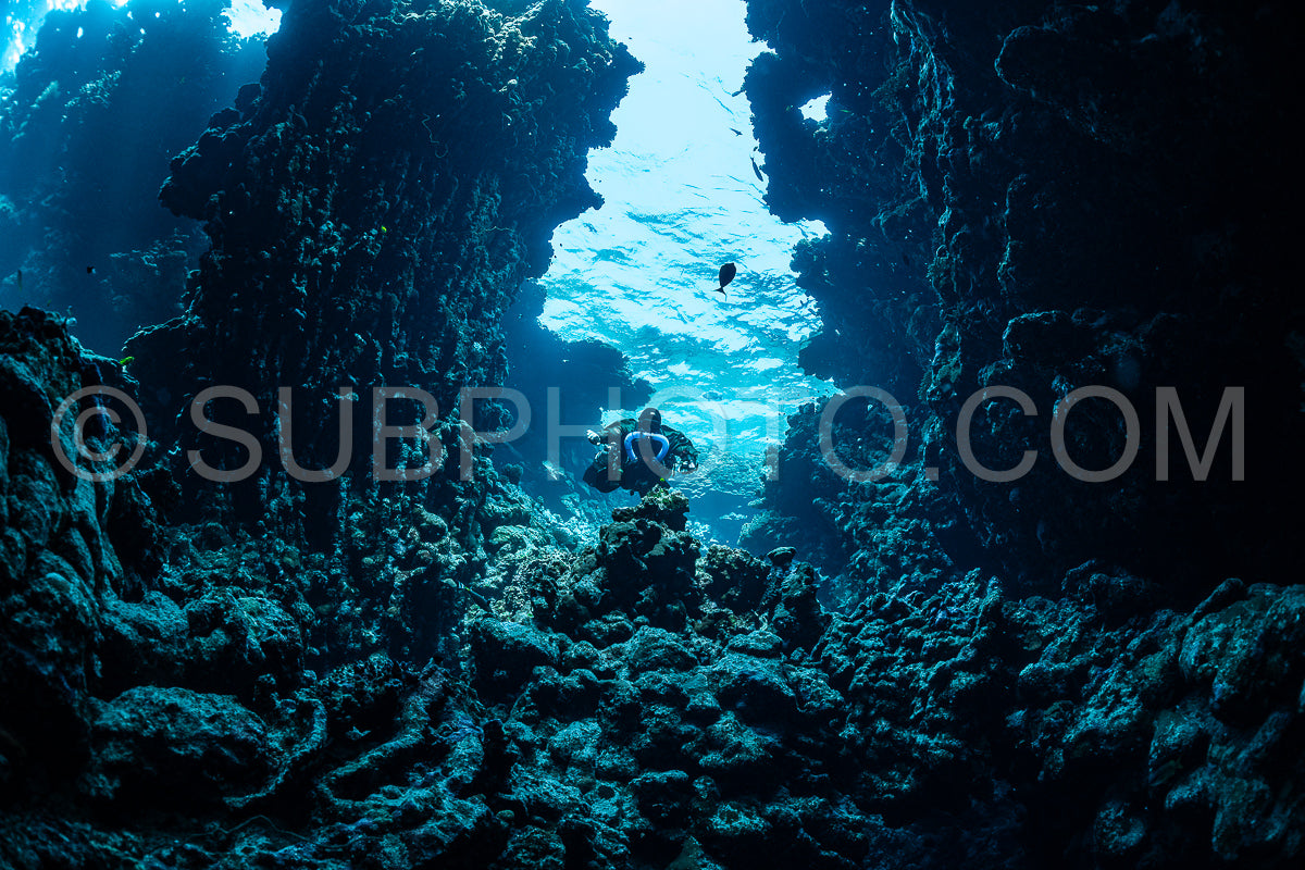 Tek diver with a rebreather visiting Sha'ab Claudio cave Red Sea Egypt