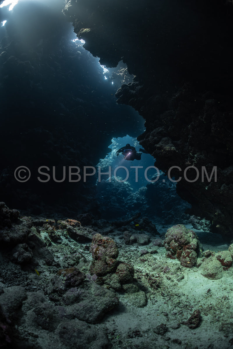 Tek diver with a rebreather visiting Sha'ab Claudio cave Red Sea Egypt