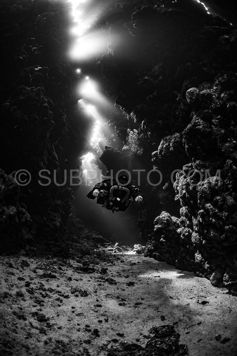 Tek diver with a rebreather visiting Sha'ab Claudio cave Red Sea Egypt