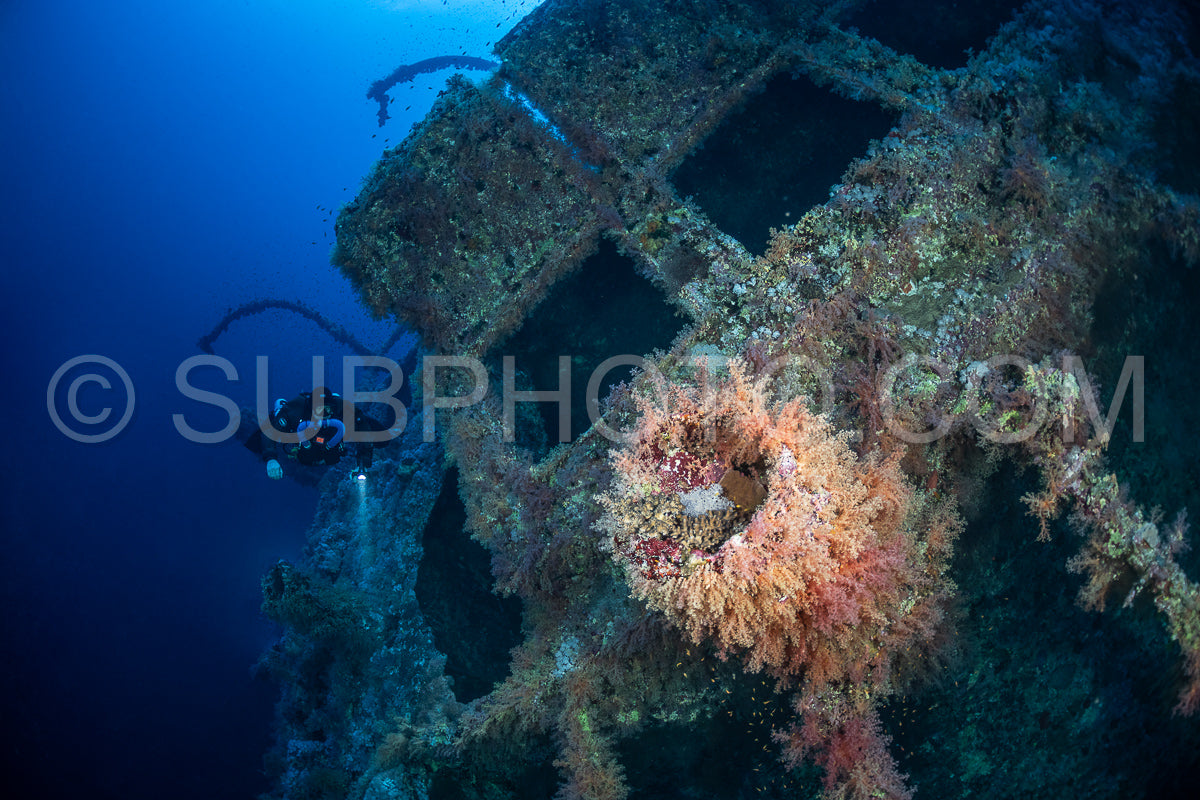 Tek diver with a rebreather visiting Numibia wreck on Big Brother island Red Sea Egypt