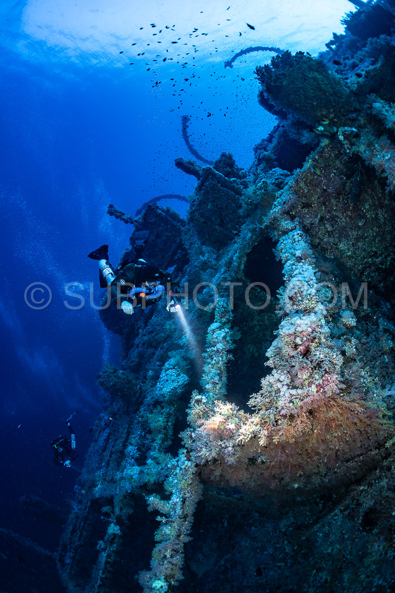 Tek diver with a rebreather visiting Numibia wreck on Big Brother island Red Sea Egypt