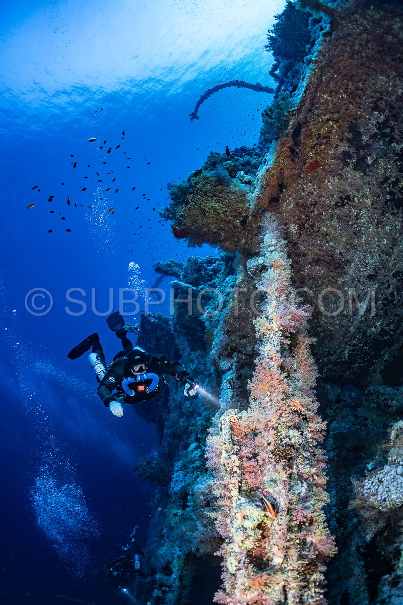 Tek diver with a rebreather visiting Numibia wreck on Big Brother island Red Sea Egypt