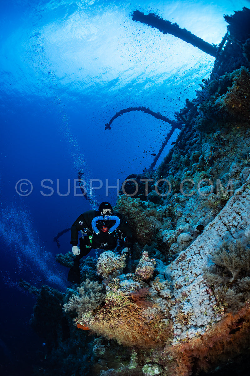 Tek diver with a rebreather visiting Numibia wreck on Big Brother island Red Sea Egypt