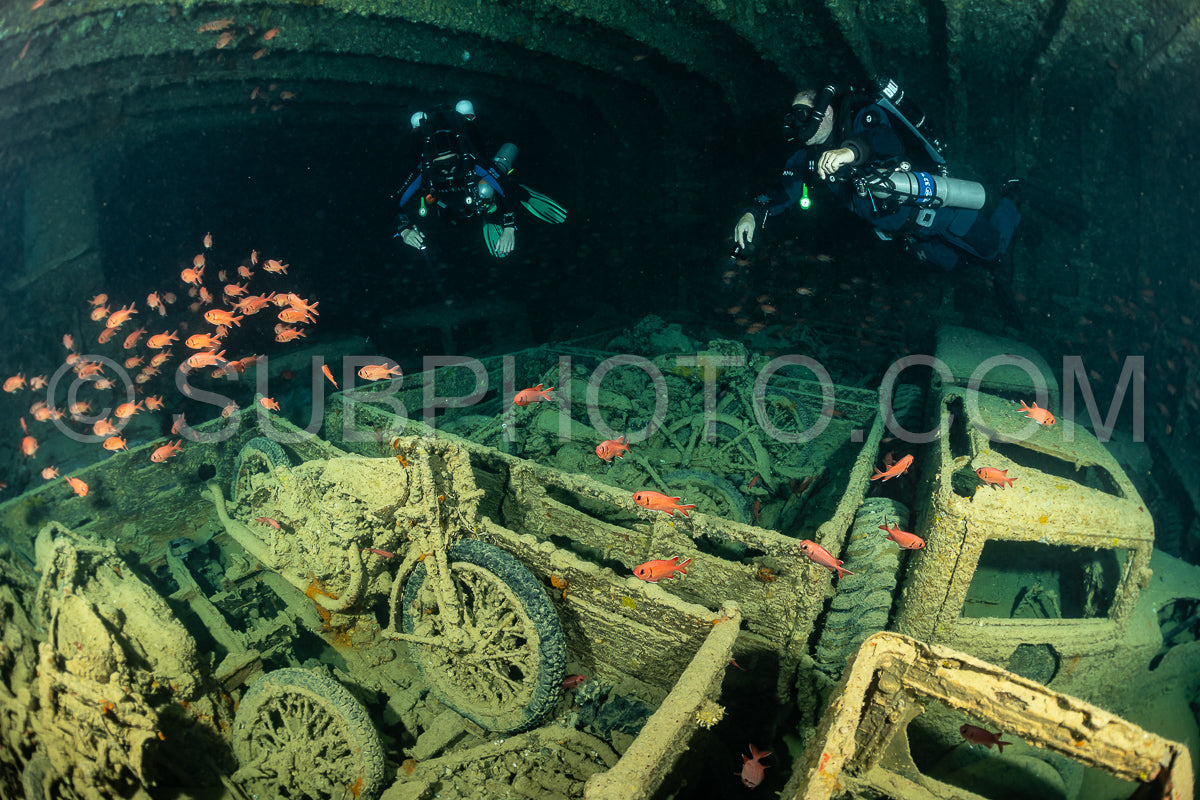 Two divers explore the interior of a sunken ship in the Red Sea. The ship's cargo hold is filled with old vehicles- now covered in marine life. Several red fish swim in the murky water.