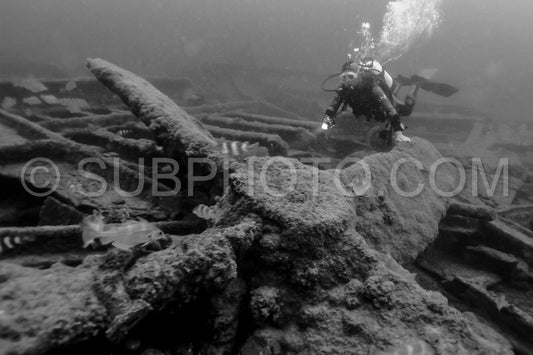 Diver in front of the Ville de Rochefort wreck in Brittany