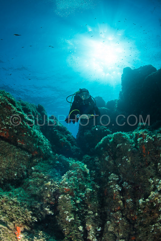 woman scuba diving over rocks in the Mediterranean Sea