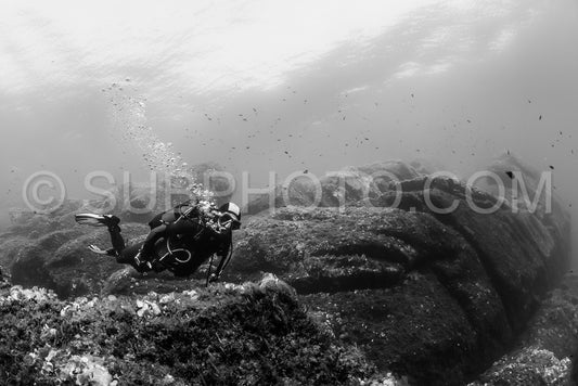 woman scuba diving over rocks in the Mediterranean Sea