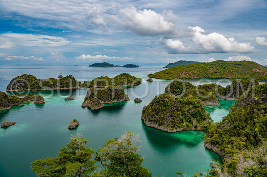 Waigeo- Kri- Mushroom Island- group of small islands in shallow blue lagoon water- Raja Ampat- West Papua- Indonesia