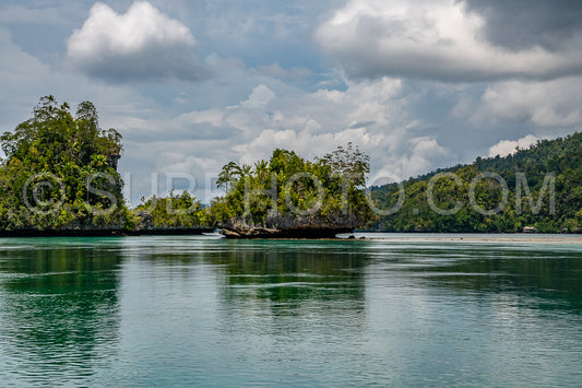 Waigeo- Kri- Mushroom Island- group of small islands in shallow blue lagoon water- Raja Ampat- West Papua- Indonesia