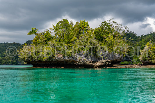 Waigeo- Kri- Mushroom Island- group of small islands in shallow blue lagoon water- Raja Ampat- West Papua- Indonesia