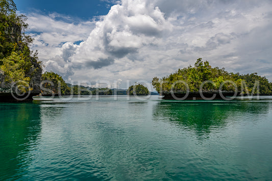 Waigeo- Kri- Mushroom Island- group of small islands in shallow blue lagoon water- Raja Ampat- West Papua- Indonesia