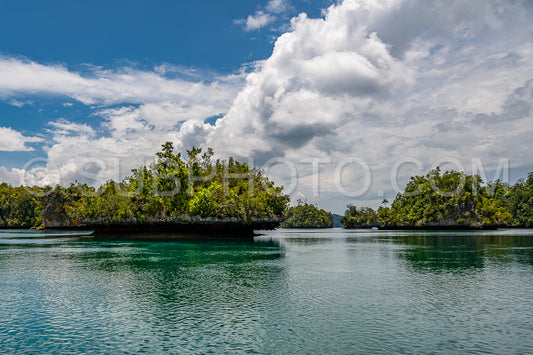 Waigeo- Kri- Mushroom Island- group of small islands in shallow blue lagoon water- Raja Ampat- West Papua- Indonesia