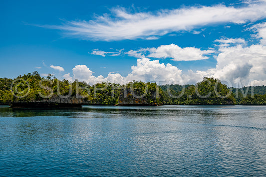 Waigeo- Kri- Mushroom Island- group of small islands in shallow blue lagoon water- Raja Ampat- West Papua- Indonesia
