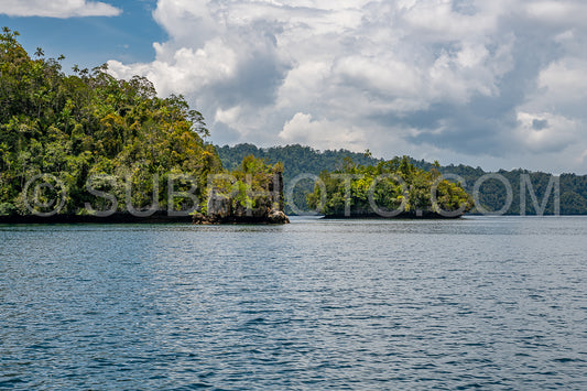Waigeo- Kri- Mushroom Island- group of small islands in shallow blue lagoon water- Raja Ampat- West Papua- Indonesia