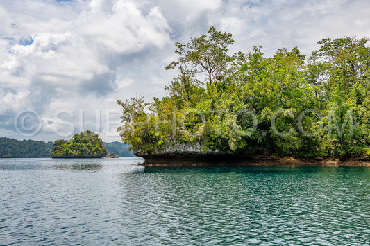 Waigeo- Kri- Mushroom Island- group of small islands in shallow blue lagoon water- Raja Ampat- West Papua- Indonesia