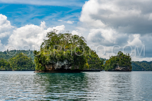 Waigeo- Kri- Mushroom Island- group of small islands in shallow blue lagoon water- Raja Ampat- West Papua- Indonesia