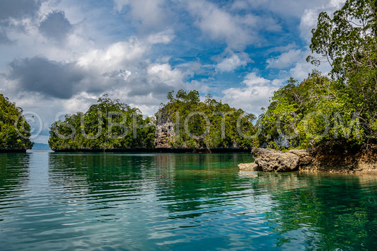 Waigeo- Kri- Mushroom Island- group of small islands in shallow blue lagoon water- Raja Ampat- West Papua- Indonesia